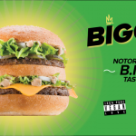 Green graphic that states "Biggie, Notoriously BIG taste 100% Vegan" with an image of the Biggie Buger from Lord of the Fries